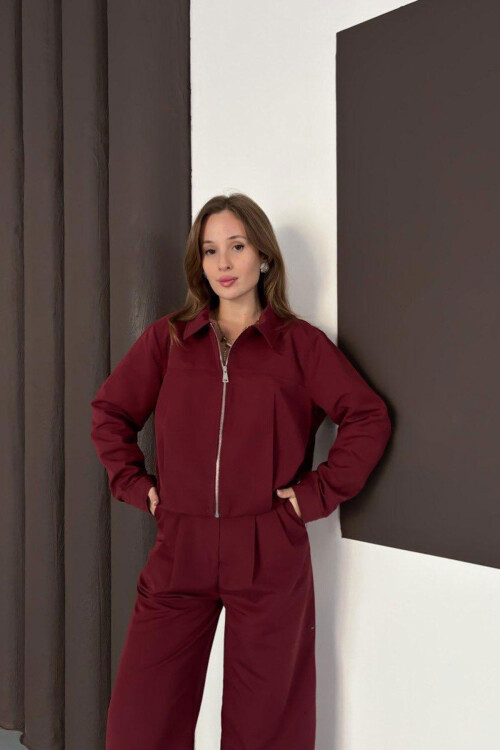 Bordo Fermuarlı Ceket Ve Pileli Pantolon Dokuma Alt Üst Takım BCHN-254003