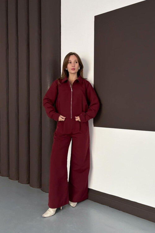 Bordo Fermuarlı Ceket Ve Pileli Pantolon Dokuma Alt Üst Takım BCHN-254003