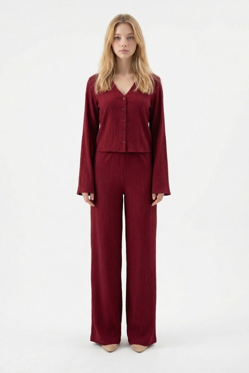Bordo Geniş Kol Düğme Detaylı Yakalı Bluz Ve Palazzo Pantolon Alt Üst Takım BCHN-2626136