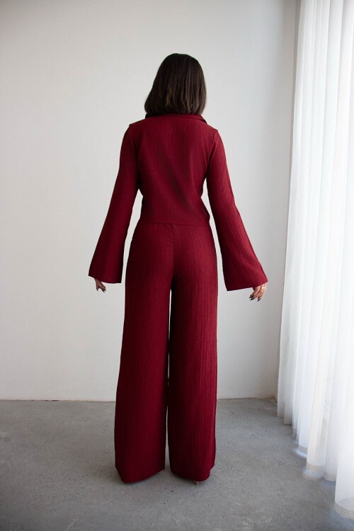 Bordo Geniş Kol Düğme Detaylı Yakalı Bluz Ve Palazzo Pantolon Alt Üst Takım BCHN-2626136