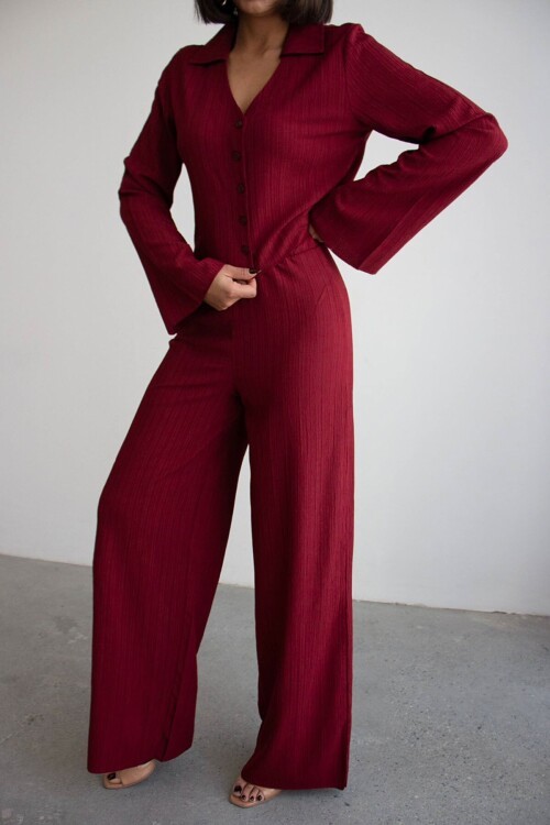 Bordo Geniş Kol Düğme Detaylı Yakalı Bluz Ve Palazzo Pantolon Alt Üst Takım BCHN-2626136