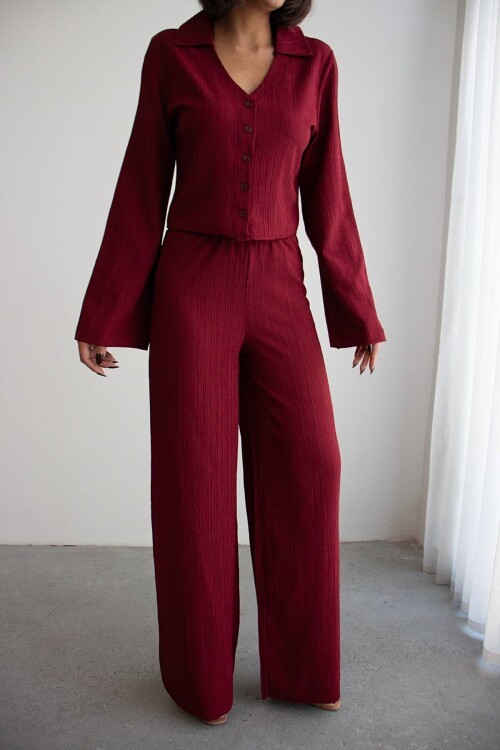 Bordo Geniş Kol Düğme Detaylı Yakalı Bluz Ve Palazzo Pantolon Alt Üst Takım BCHN-2626136