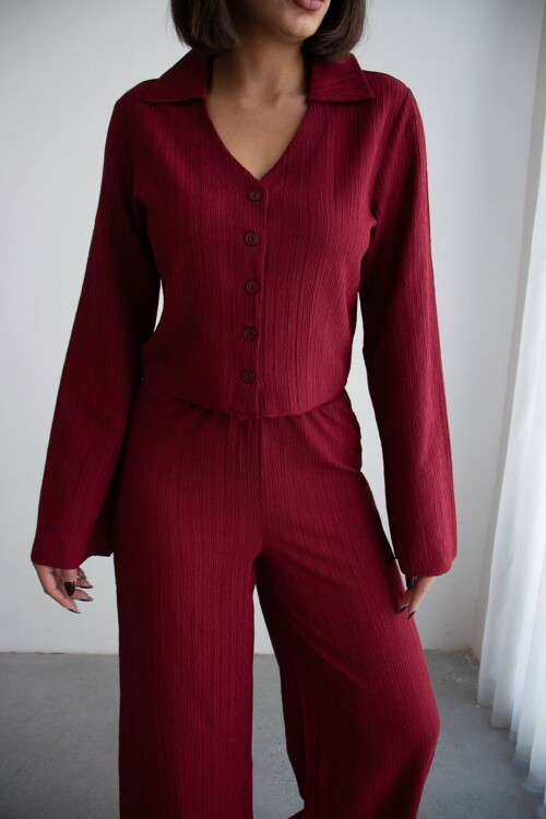 Bordo Geniş Kol Düğme Detaylı Yakalı Bluz Ve Palazzo Pantolon Alt Üst Takım BCHN-2626136