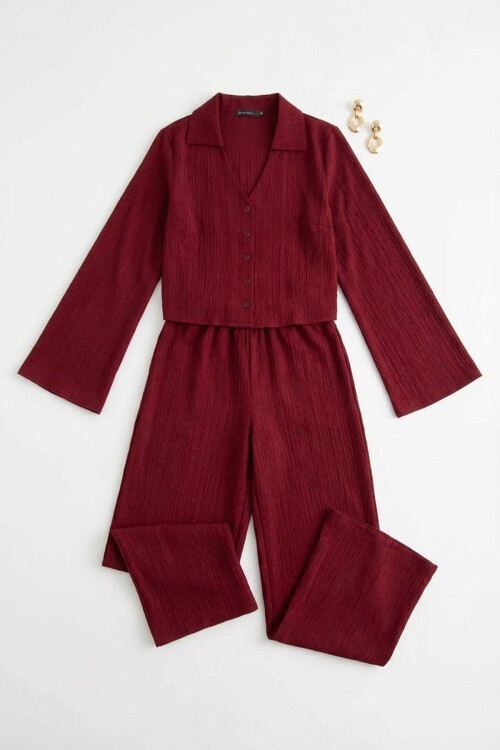 Bordo Geniş Kol Düğme Detaylı Yakalı Bluz Ve Palazzo Pantolon Alt Üst Takım BCHN-2626136