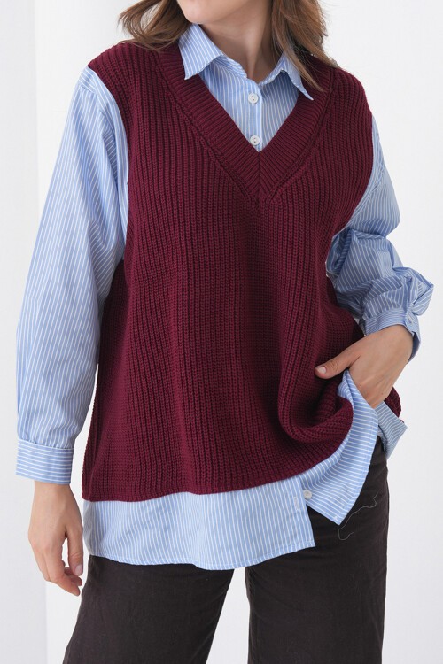 Bordo Gömlek Detaylı V Yaka Triko Süveter Bluz BCHPK-251251