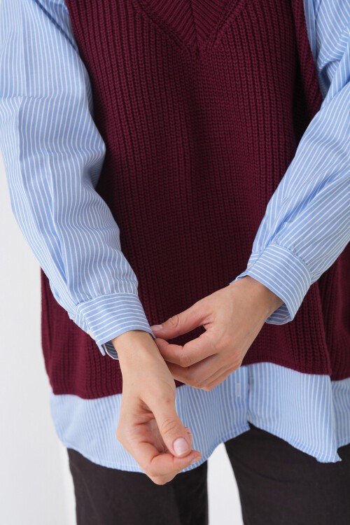 Bordo Gömlek Detaylı V Yaka Triko Süveter Bluz BCHPK-251251