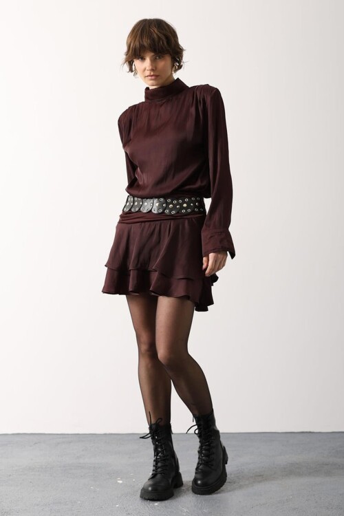 Bordo Kemer Detaylı Saten Mini Etek BCRY-261280