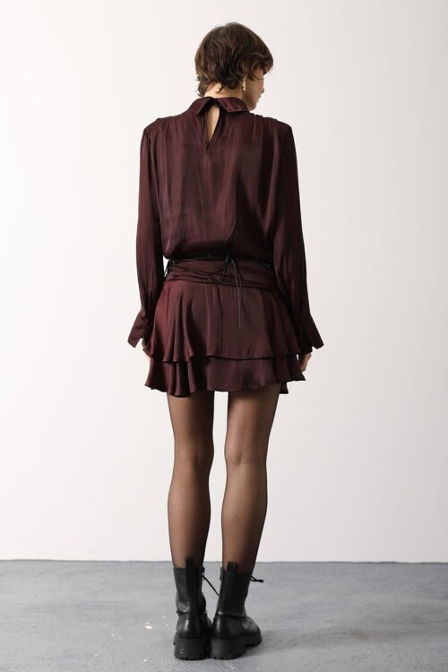 Bordo Kemer Detaylı Saten Mini Etek BCRY-261280