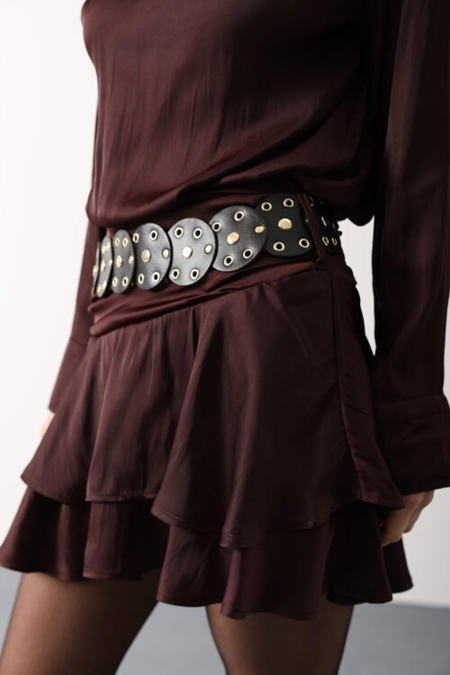 Bordo Kemer Detaylı Saten Mini Etek BCRY-261280