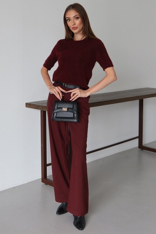 Bordo Kemerli Çift Cepli Palazzo Pantolon BCRU-261310