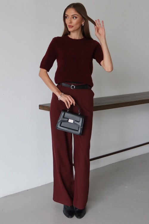 Bordo Kemerli Çift Cepli Palazzo Pantolon BCRU-261310