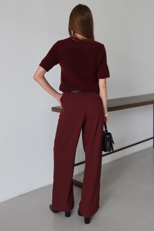 Bordo Kemerli Çift Cepli Palazzo Pantolon BCRU-261310