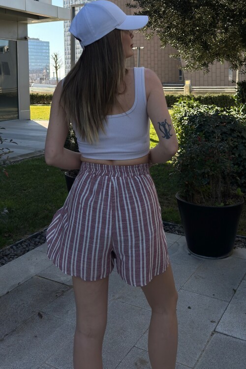 Bordo Keten Color Block Beli Lastikli Bağlamalı Yanı Yırtmaçlı Şort