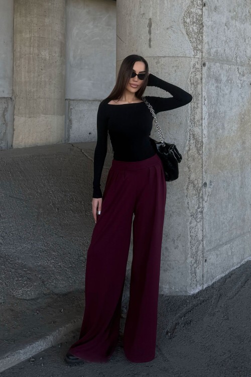 Bordo Pile Detaylı İspanyol Ultra Soft Kumaş Pantolon BCDF-25P0002