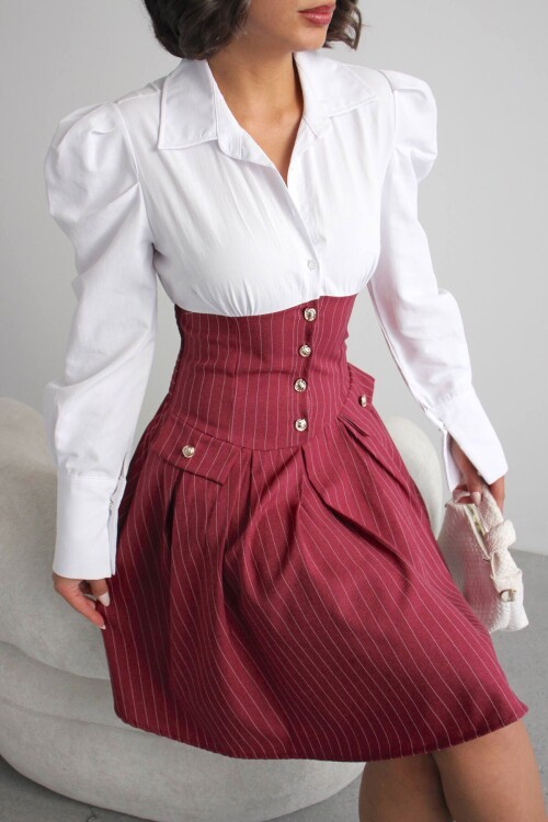 Bordo Pileli Çizgili Dokuma Gömlek Elbise BCHN-2526115