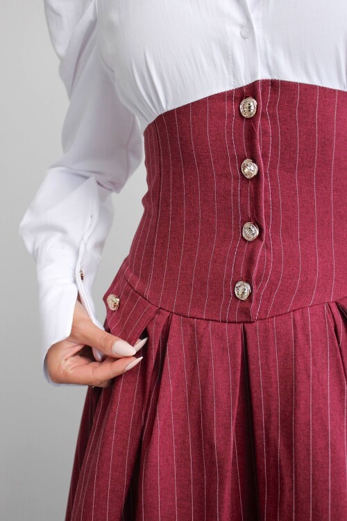 Bordo Pileli Çizgili Dokuma Gömlek Elbise BCHN-2526115