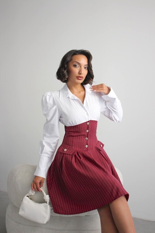 Bordo Pileli Çizgili Dokuma Gömlek Elbise BCHN-2526115