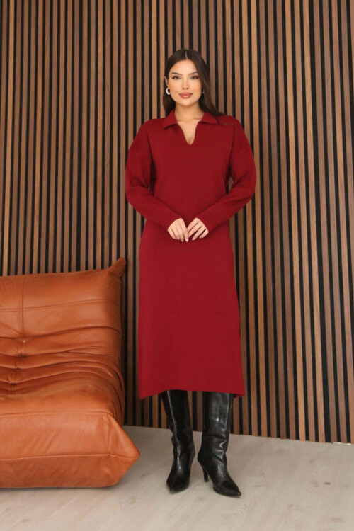 Bordo Polo Yaka Midi Boy Triko Elbise BCES-253018