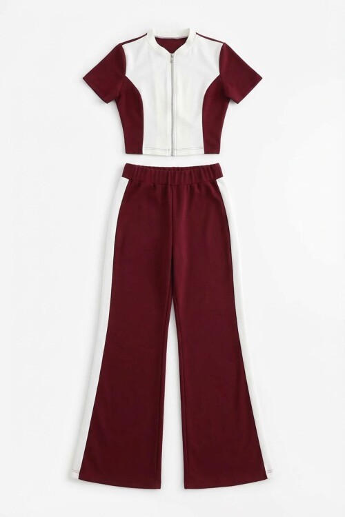 Bordo Renk Bloklu Fermuarlı Yumuşak Dokulu Kumaş Eşofman Takımı BCHN-2626953TK