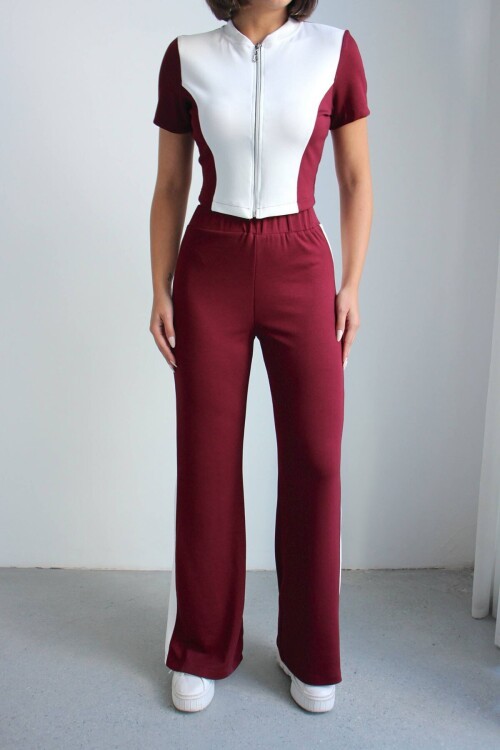 Bordo Renk Bloklu Fermuarlı Yumuşak Dokulu Kumaş Eşofman Takımı BCHN-2626953TK