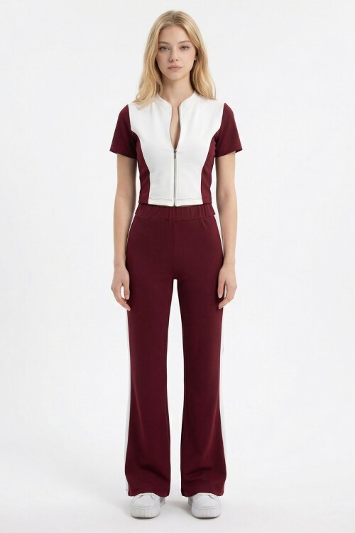 Bordo Renk Bloklu Fermuarlı Yumuşak Dokulu Kumaş Eşofman Takımı BCHN-2626953TK