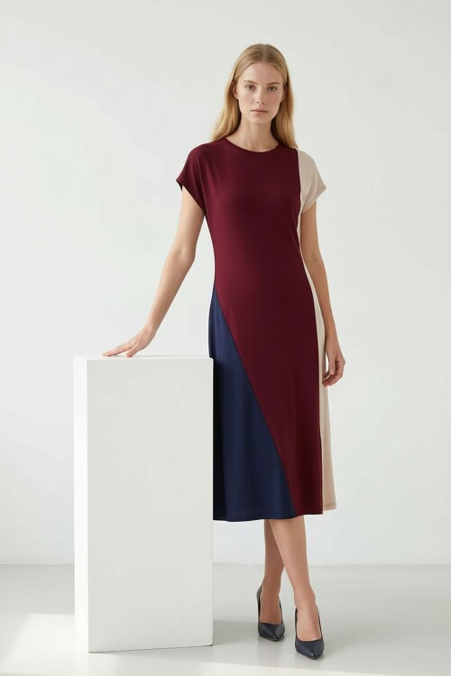 Bordo Şeritli Modal Kumaş Elbise