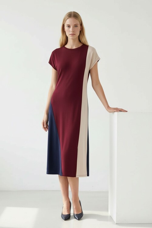 Bordo Şeritli Modal Kumaş Elbise