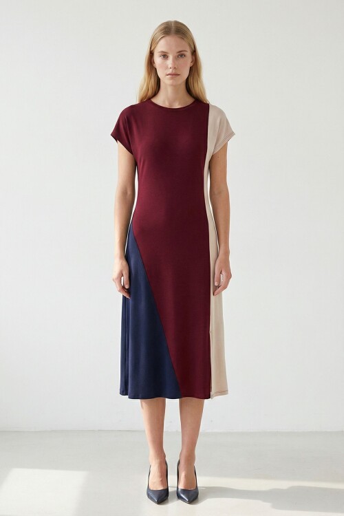 Bordo Şeritli Modal Kumaş Elbise