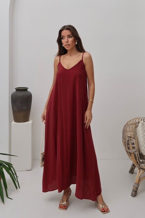 Bordo V Yaka Askılı Uzun Astarlı Salaş Elbise BCRU-261300