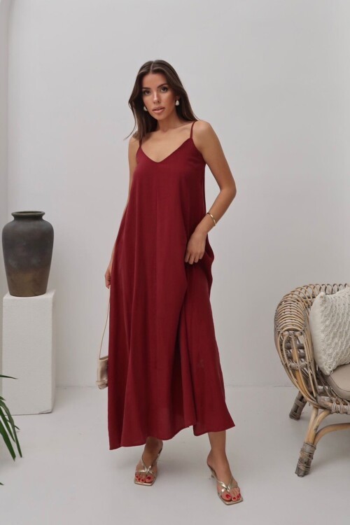 Bordo V Yaka Askılı Uzun Astarlı Salaş Elbise BCRU-261300