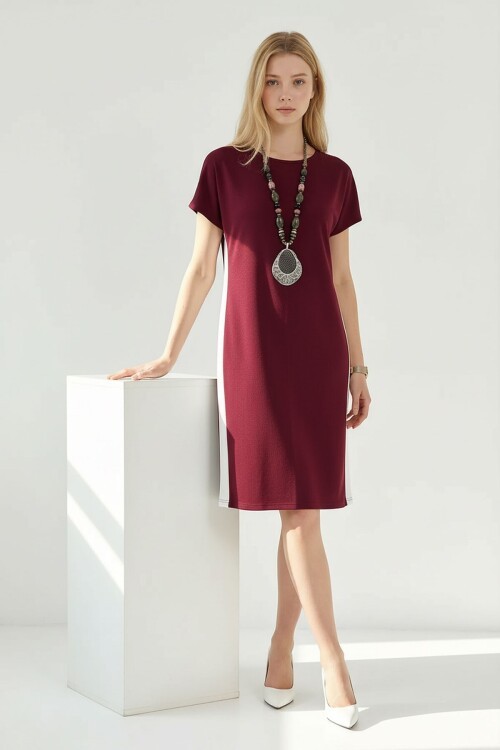 Bordo Yanları Beyaz Şeritli Modal Kumaş Elbise