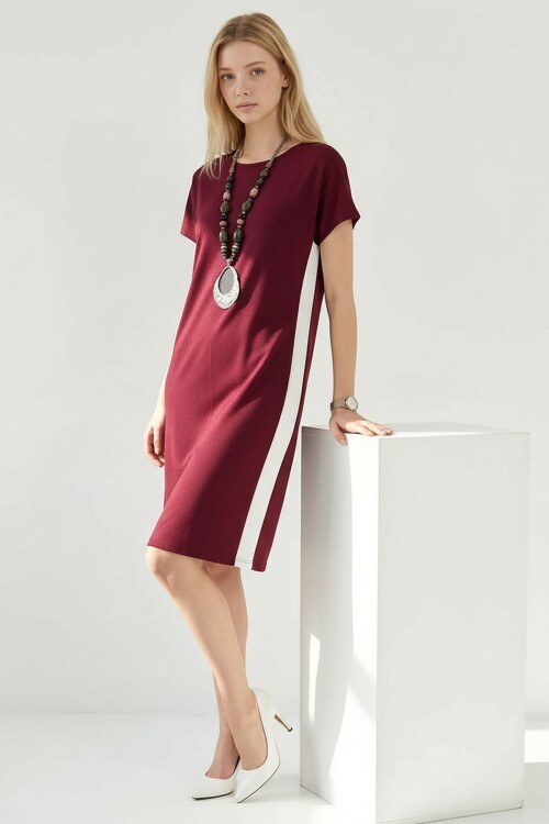 Bordo Yanları Beyaz Şeritli Modal Kumaş Elbise