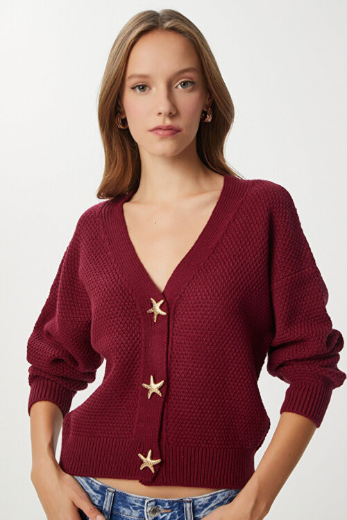Bordo Yıldız Düğmeli Triko Hırka BCVL-25T500