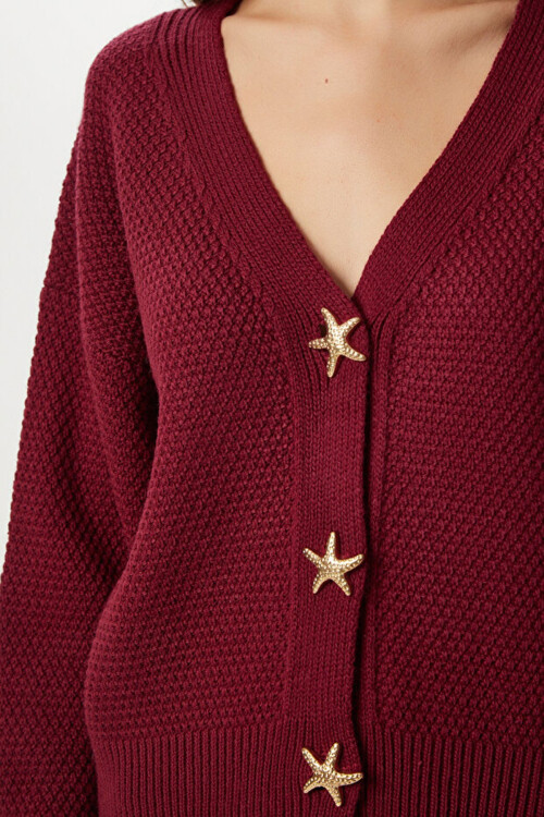 Bordo Yıldız Düğmeli Triko Hırka BCVL-25T500