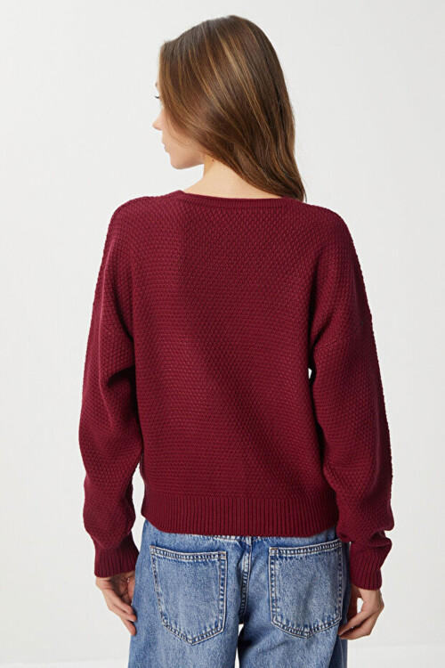 Bordo Yıldız Düğmeli Triko Hırka BCVL-25T500