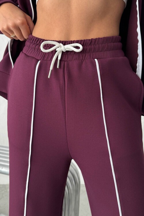 Bordo Yumuşak Dokulu Biyeli Palazzo Pantolon Ve Fermuarlı Sweatshirt Takım BCHN-25261024