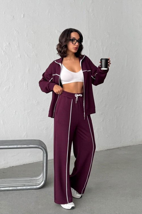 Bordo Yumuşak Dokulu Biyeli Palazzo Pantolon Ve Fermuarlı Sweatshirt Takım BCHN-25261024