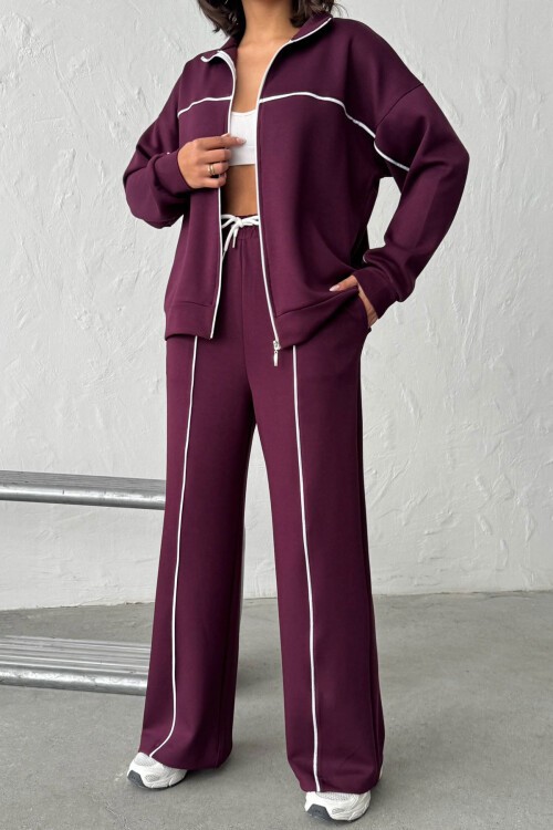 Bordo Yumuşak Dokulu Biyeli Palazzo Pantolon Ve Fermuarlı Sweatshirt Takım BCHN-25261024