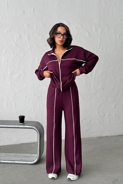 Bordo Yumuşak Dokulu Biyeli Palazzo Pantolon Ve Fermuarlı Sweatshirt Takım BCHN-25261024