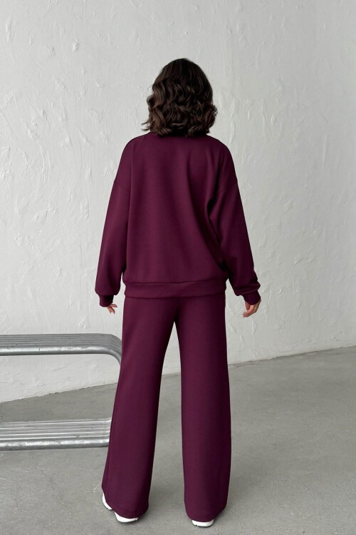 Bordo Yumuşak Dokulu Biyeli Palazzo Pantolon Ve Fermuarlı Sweatshirt Takım BCHN-25261024