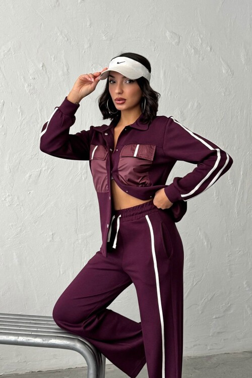 Bordo Yumuşak Dokulu Biyeli Palazzo Pantolon Ve Garnili Gömlek Alt Üst Takım BCHN-25261025