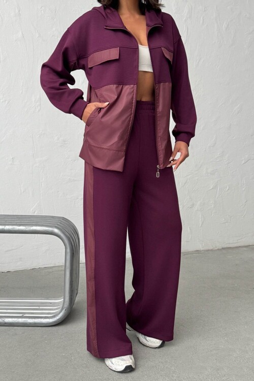 Bordo Yumuşak Dokulu Garnili Kapüşonlu Sweatshirt Ve Pantolon Alt Üst Takım BCHN-25261023