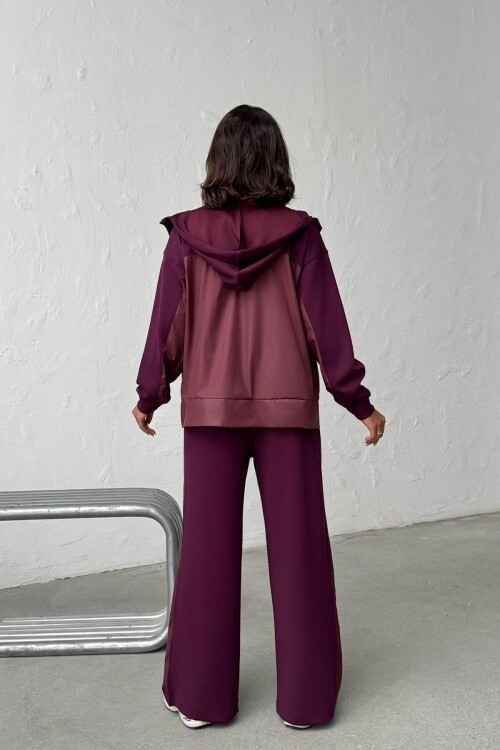 Bordo Yumuşak Dokulu Garnili Kapüşonlu Sweatshirt Ve Pantolon Alt Üst Takım BCHN-25261023