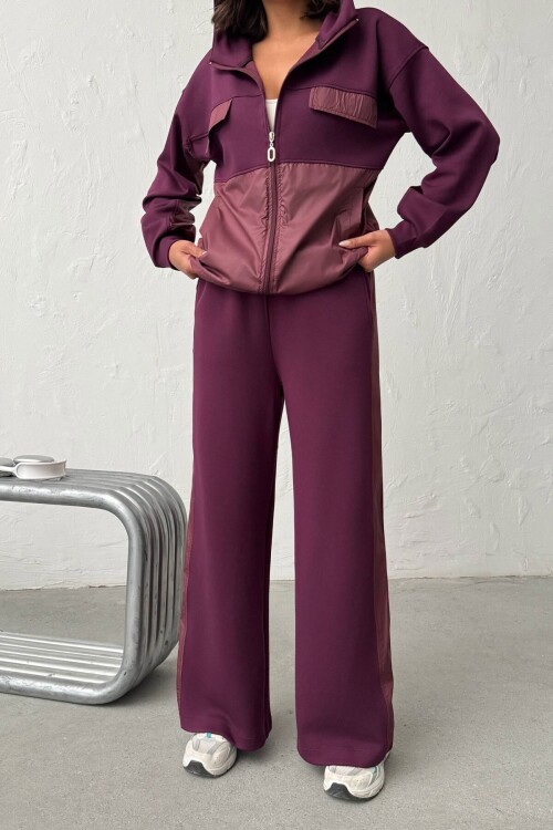 Bordo Yumuşak Dokulu Garnili Kapüşonlu Sweatshirt Ve Pantolon Alt Üst Takım BCHN-25261023