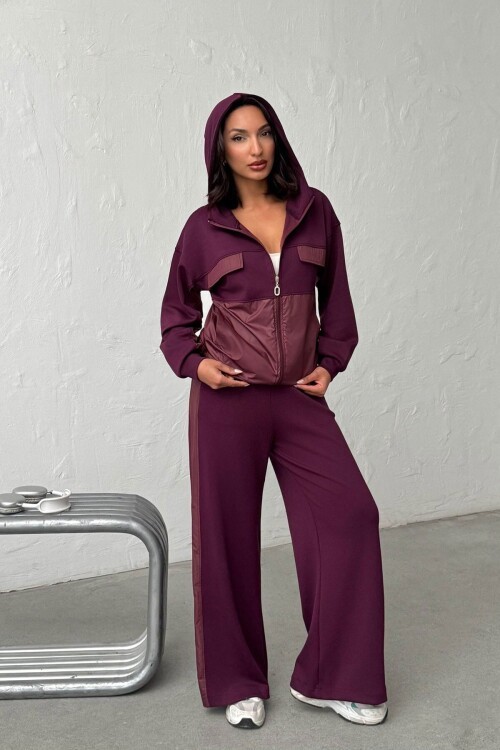 Bordo Yumuşak Dokulu Garnili Kapüşonlu Sweatshirt Ve Pantolon Alt Üst Takım BCHN-25261023