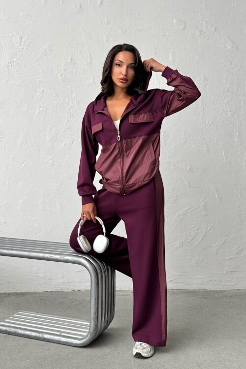Bordo Yumuşak Dokulu Garnili Kapüşonlu Sweatshirt Ve Pantolon Alt Üst Takım BCHN-25261023