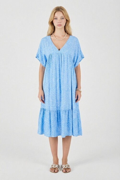 Buz Mavi V Yaka Oversize Kesim Desenli Çift Cepli Volanlı Elbise