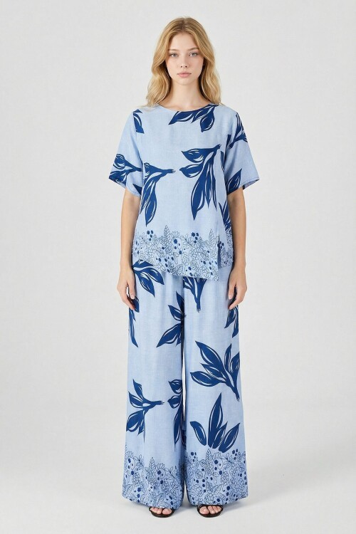 Buz Mavi Yaprak Desenli Oversize Bluz Ve Bol Paça Pantolon Takım