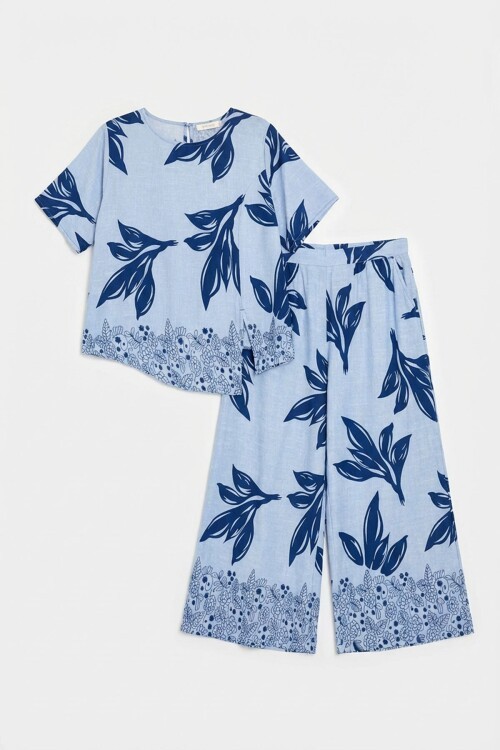 Buz Mavi Yaprak Desenli Oversize Bluz Ve Bol Paça Pantolon Takım