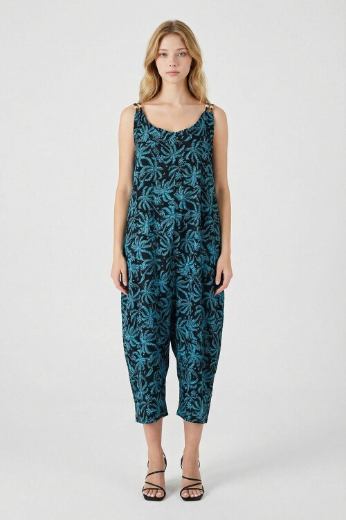 Cam Göbeği Askılı Boncuk Detaylı Çift Cepli Desenli Salaş Elbise